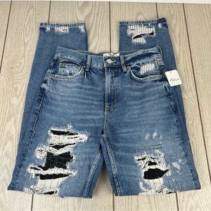 Free People McCoy Destroyed Patch Straight Leg Jeans 26 Tattered Blue $148